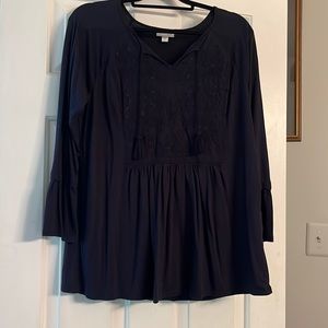 JJill navy tunic with embroidery on bodice